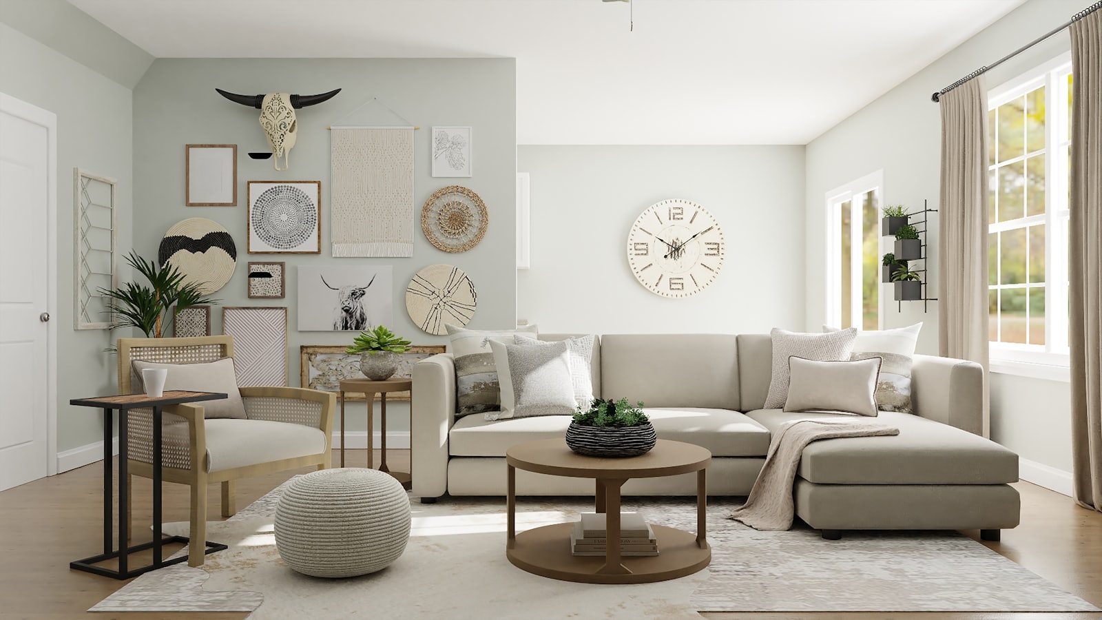 Warm hardwood flooring in a bright, upscale living room
