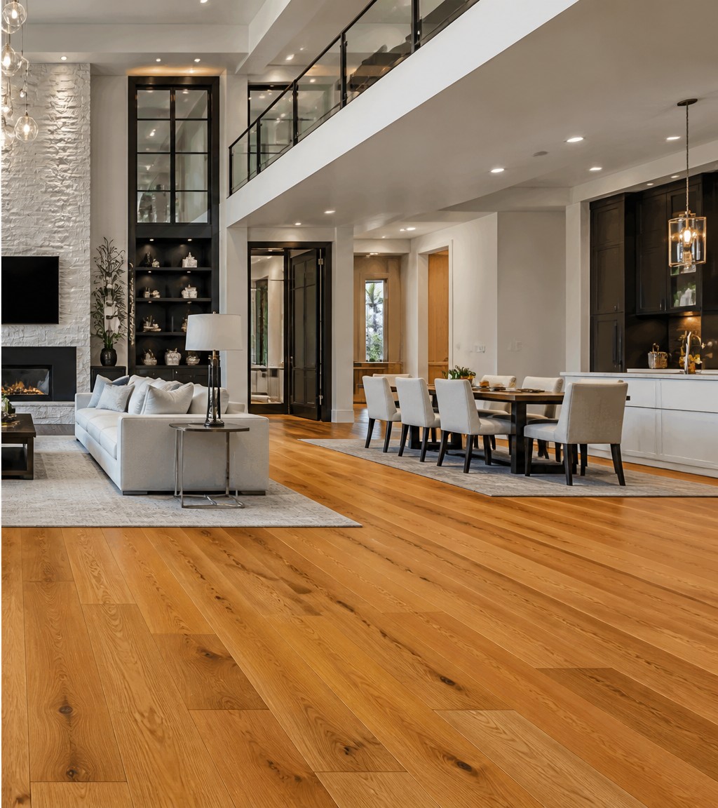 After: Worn Hardwood → Premium Wide-Plank Oak