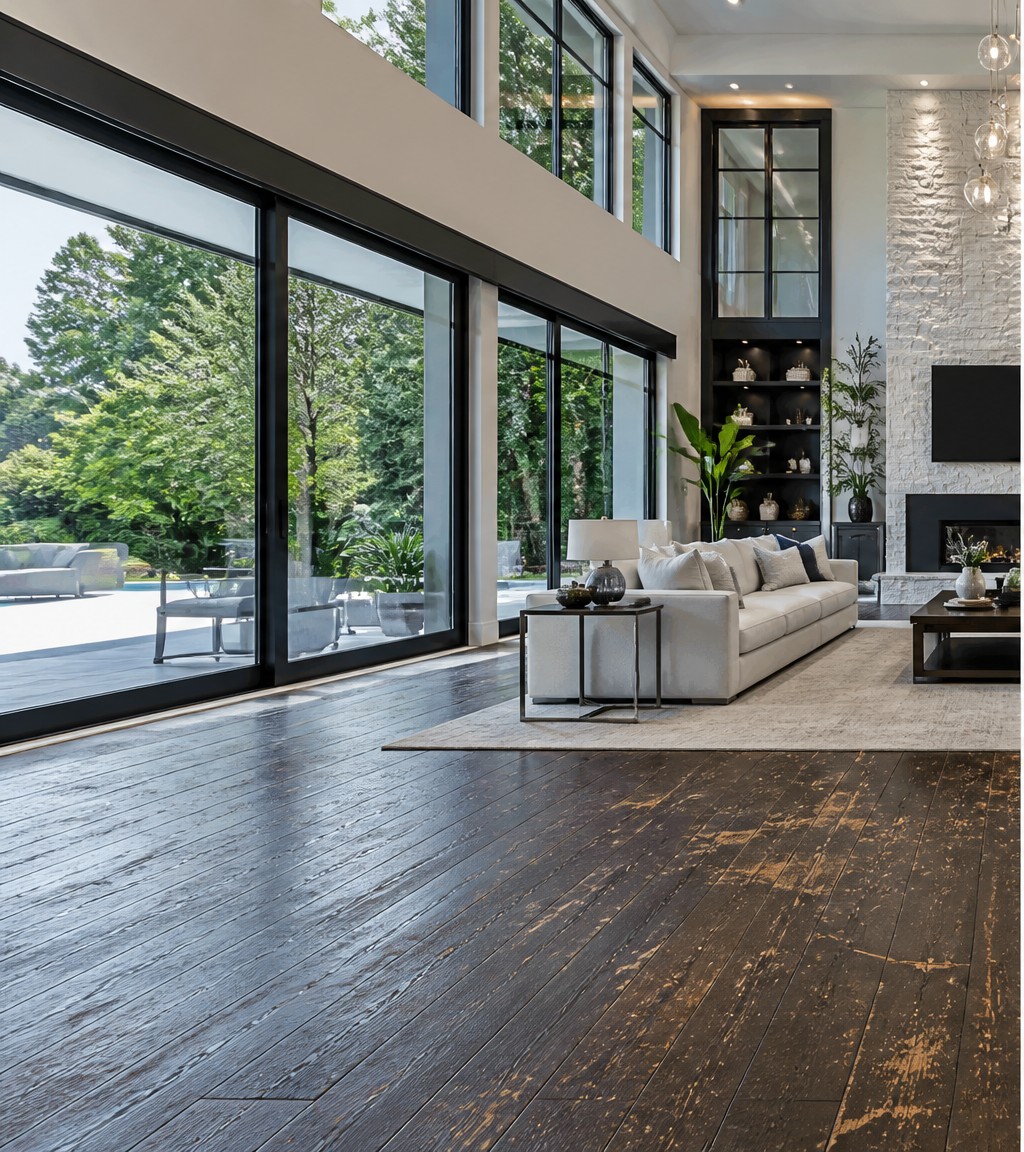 Before: Worn Hardwood → Premium Wide-Plank Oak