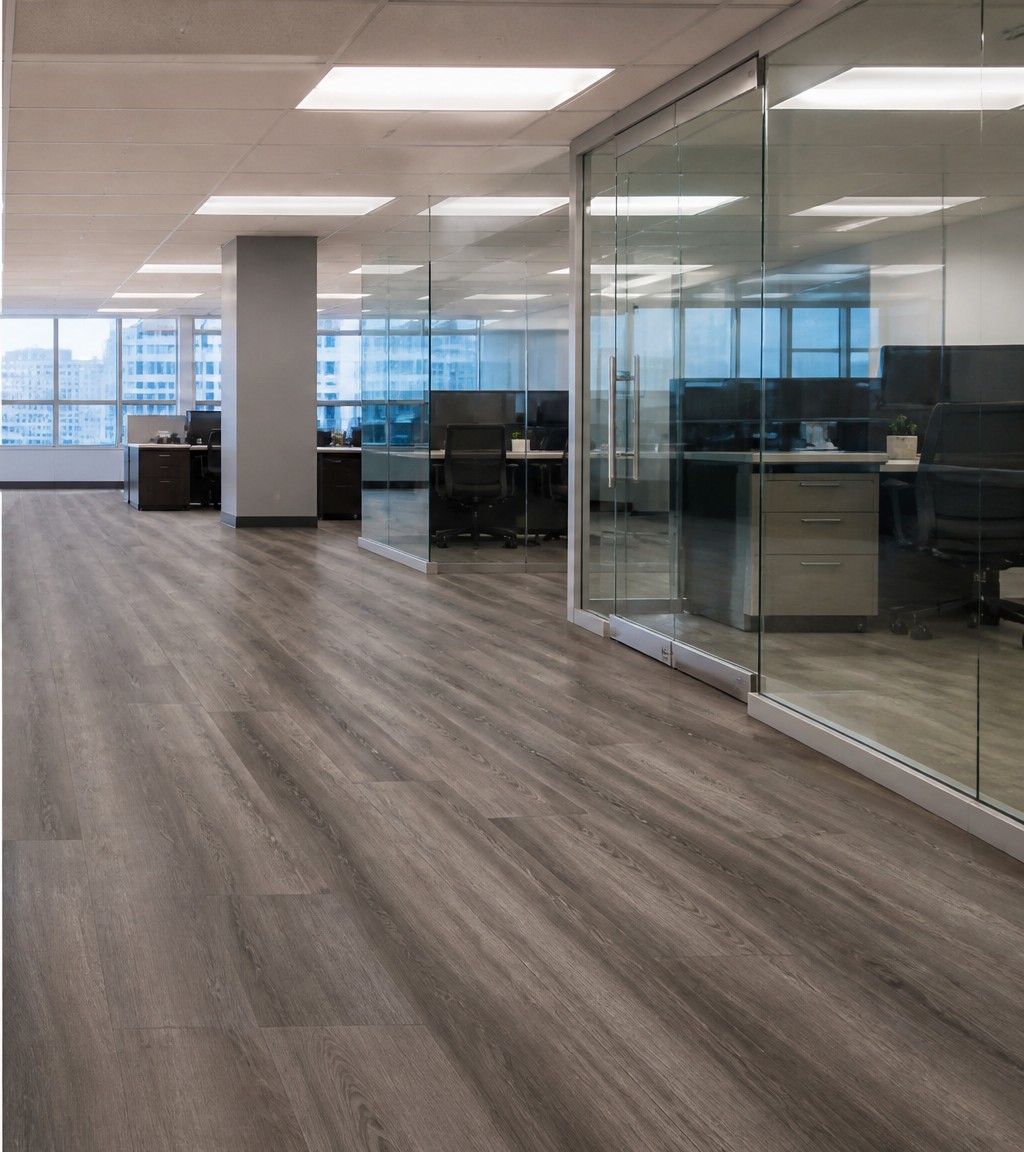 After: Worn Office Tile → Modern Luxury Vinyl