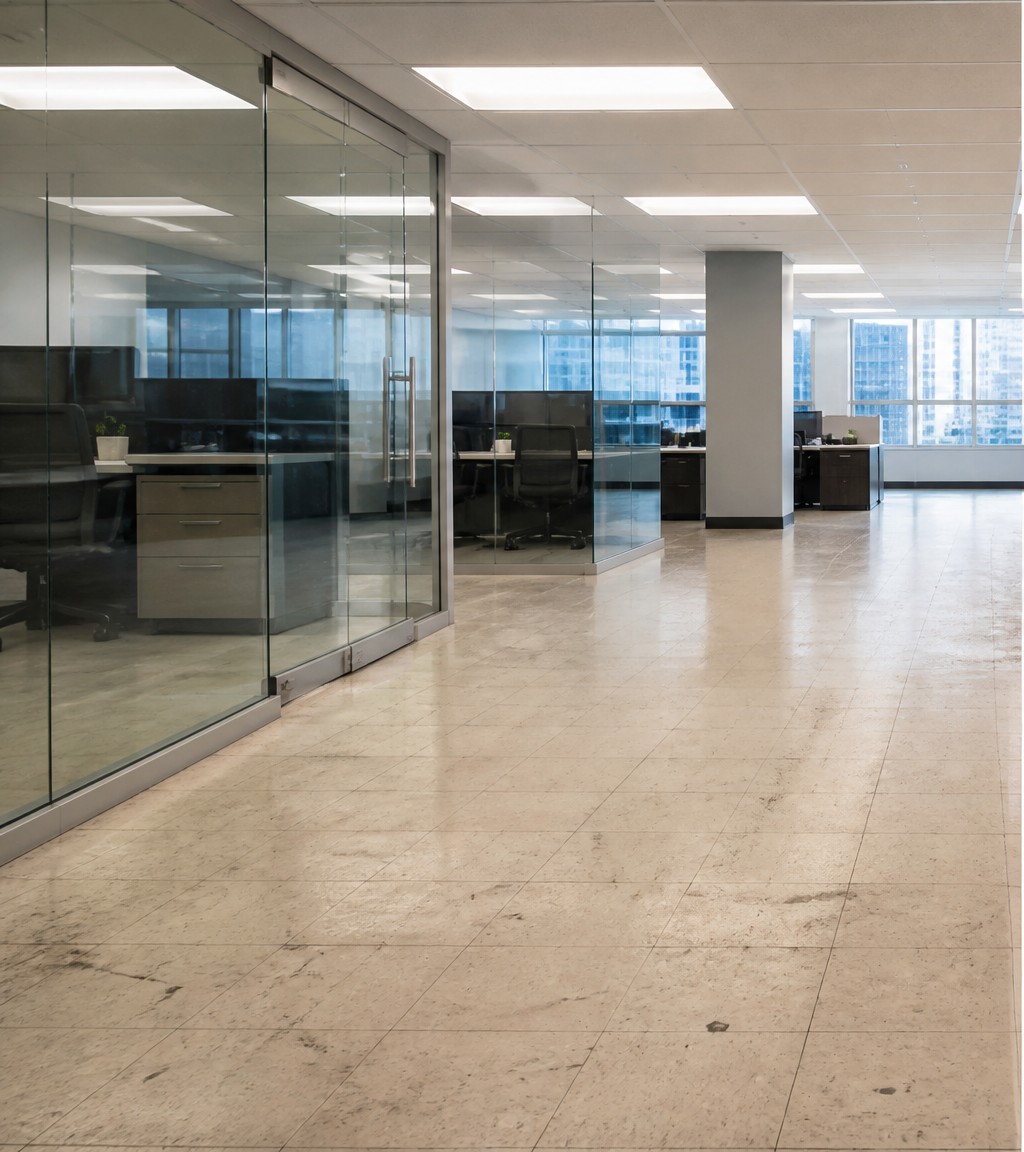 Before: Worn Office Tile → Modern Luxury Vinyl