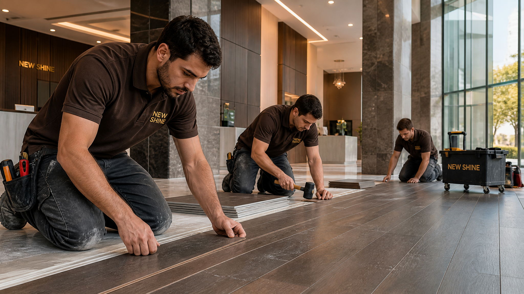 New Shine Unique Flooring team installing commercial lobbies