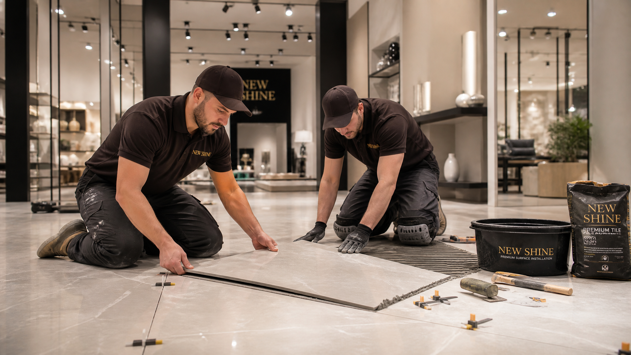 New Shine Unique Flooring team installing retail & showrooms