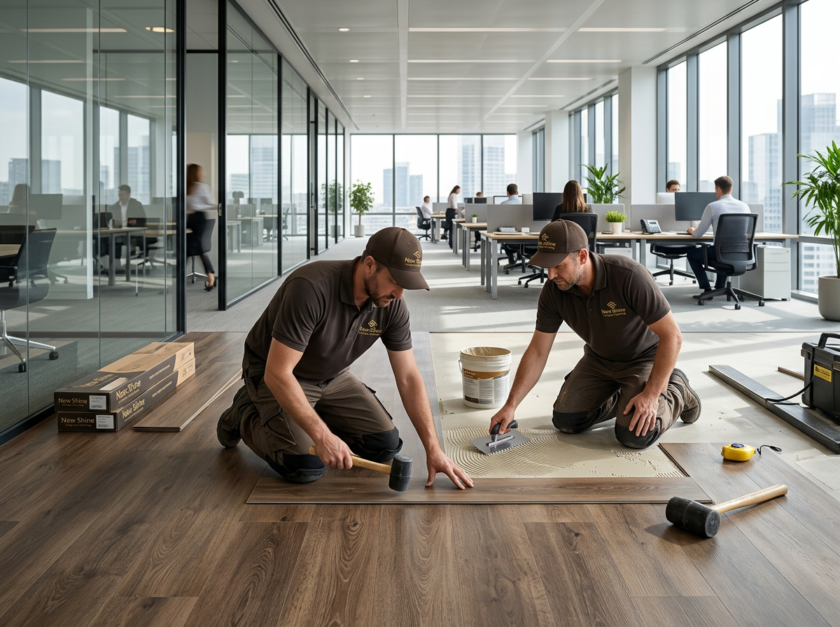 New Shine Unique Flooring team installing corporate offices