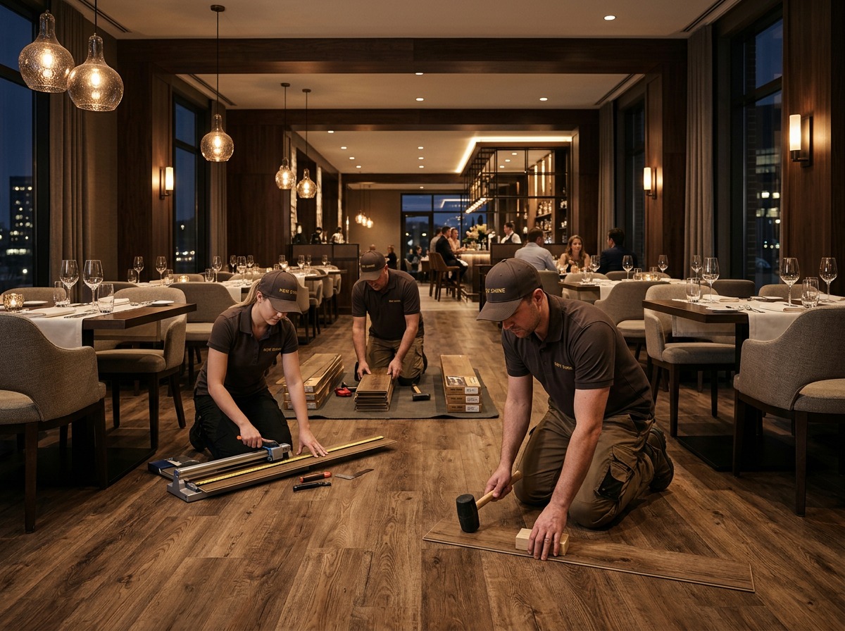 New Shine Unique Flooring team installing restaurants & hospitality