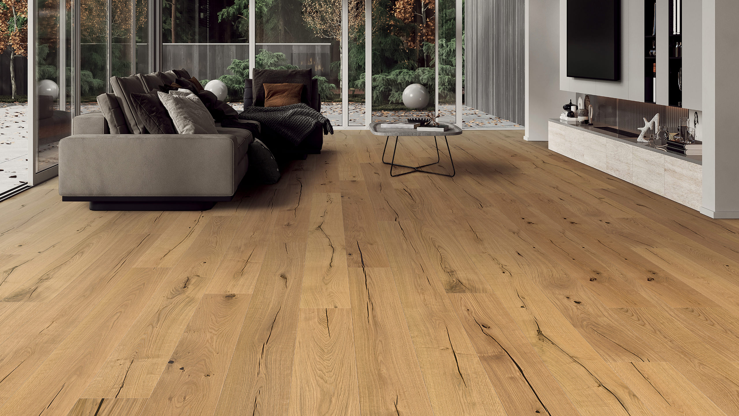 Rich hardwood flooring in a bright living room
