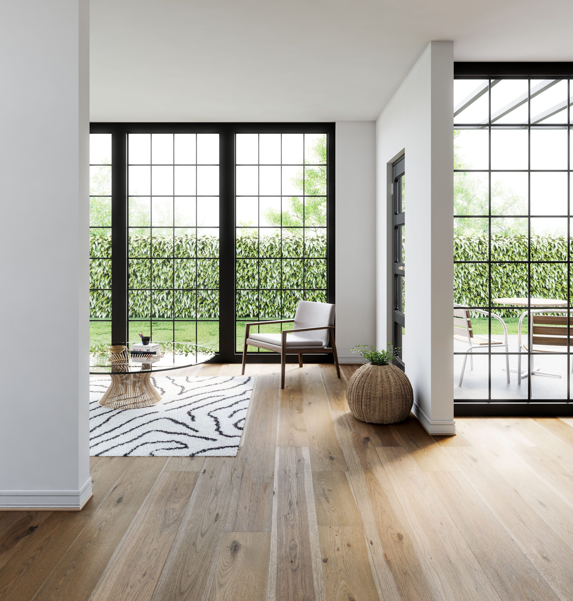 Warm engineered hardwood planks in a modern home