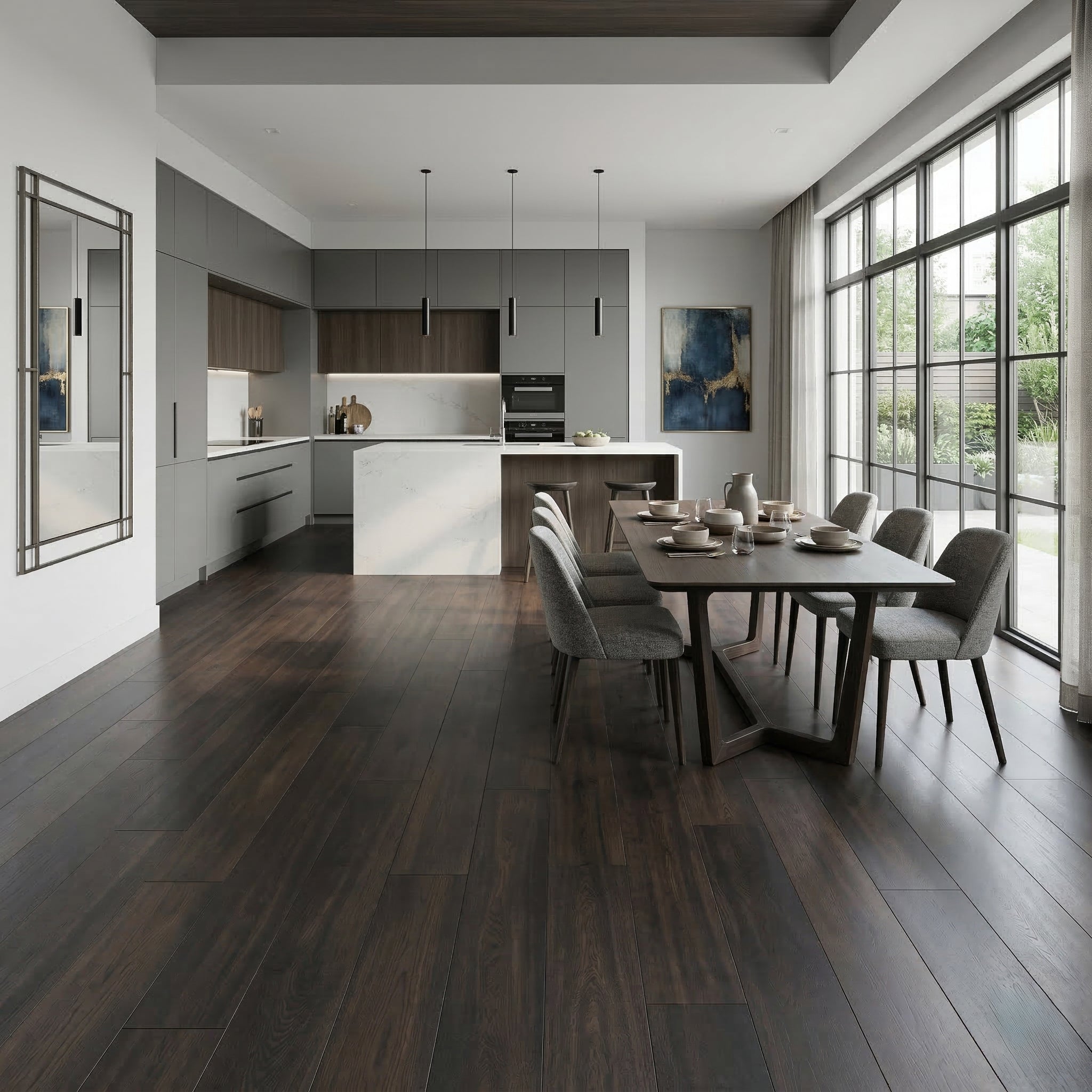Waterproof luxury vinyl plank flooring in an open living area