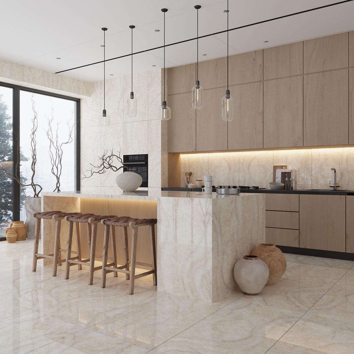 Large-format porcelain tile flooring in a modern interior