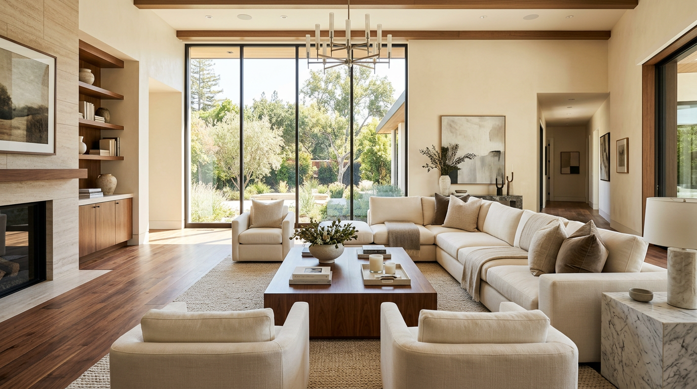 Warm hardwood flooring in an elegant open-concept living room