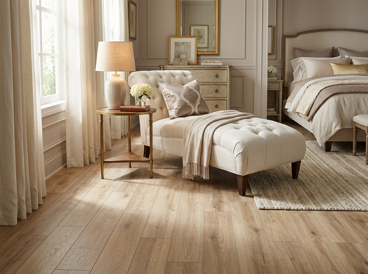 Elegant laminate flooring in an upscale sitting room showing realistic wood grain