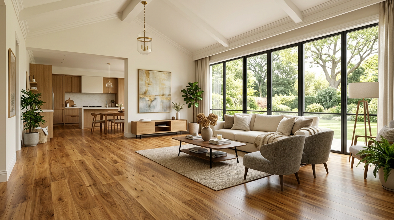 Laminate flooring in a luxury open-concept living room