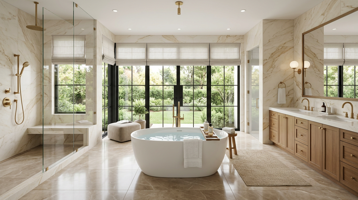 Large luxury master bathroom with warm beige porcelain tile flooring