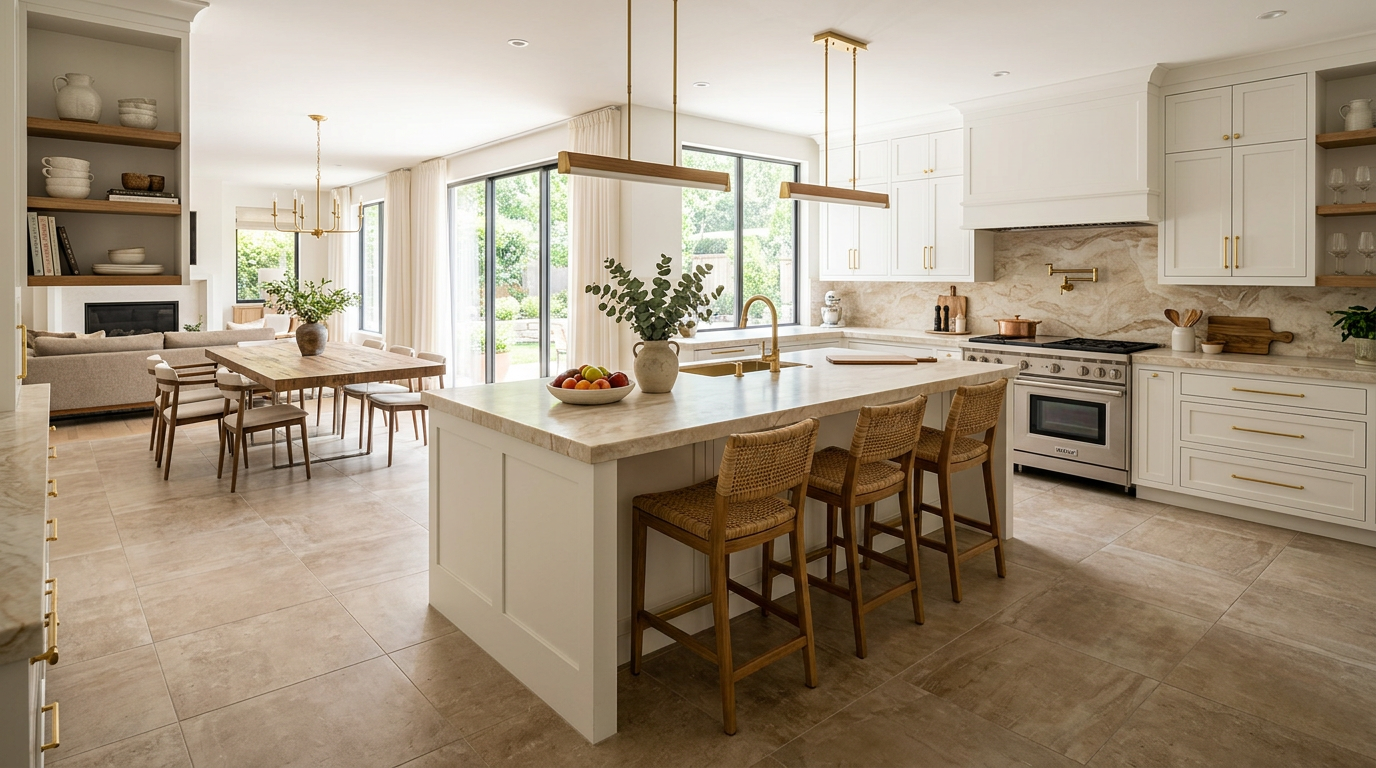 Spacious modern kitchen with warm beige and brown tile flooring