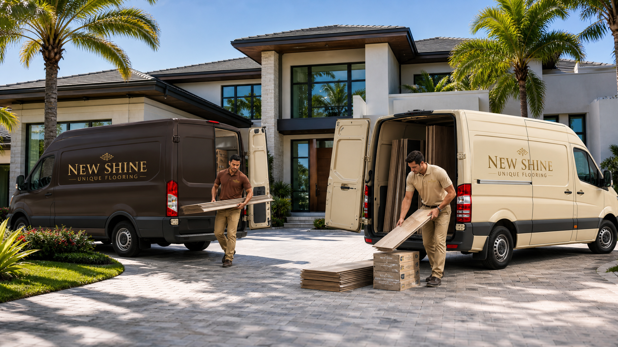 New Shine Unique Flooring branded vans with the installation crew at a Florida home