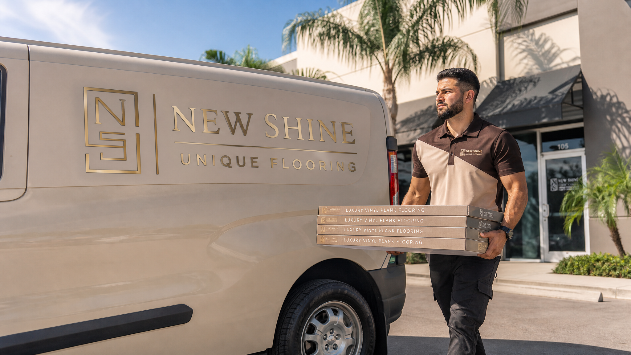 New Shine Unique Flooring installer carrying luxury vinyl flooring boxes